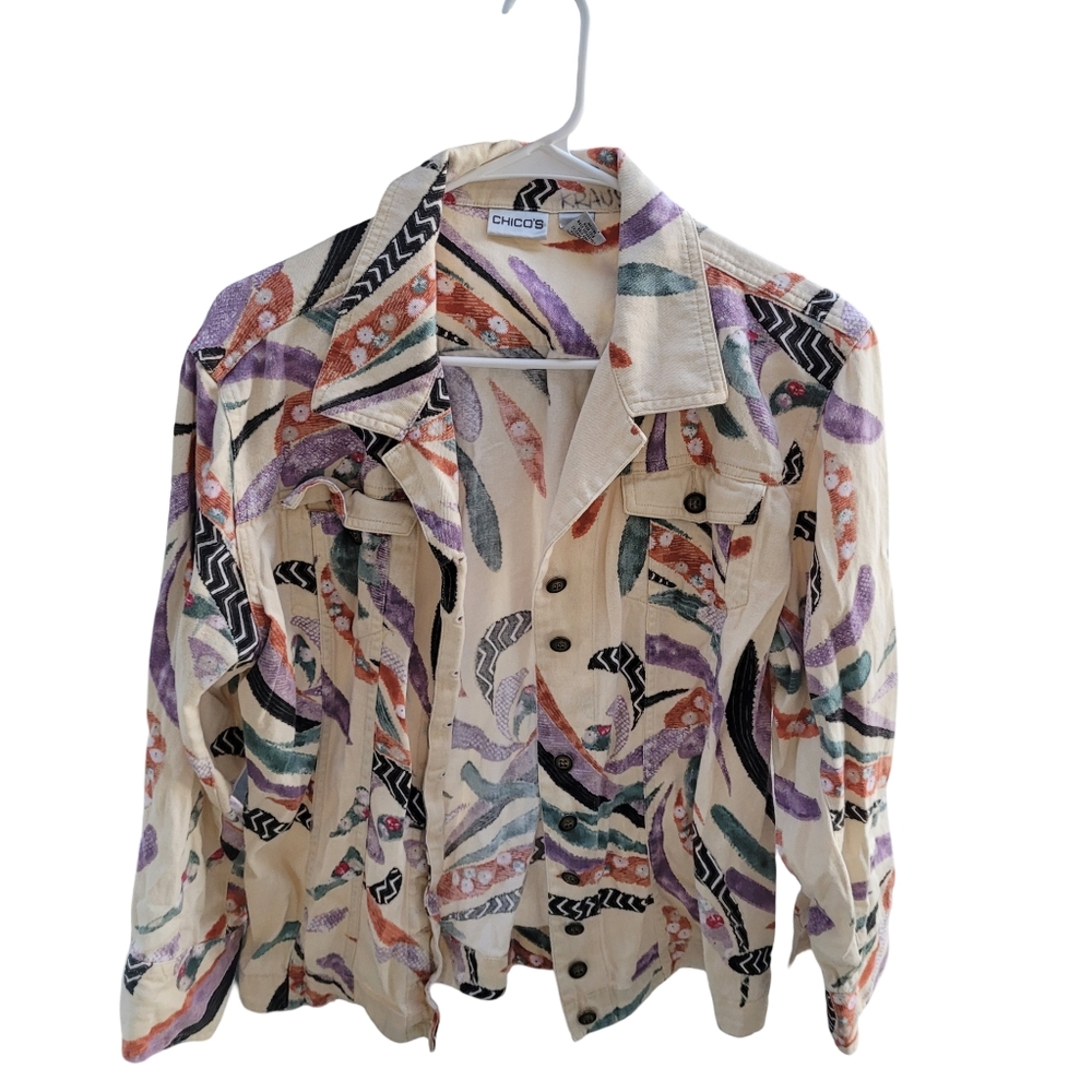 Chico’s Travelers Abstract Print Button Down Shirt Size 3
